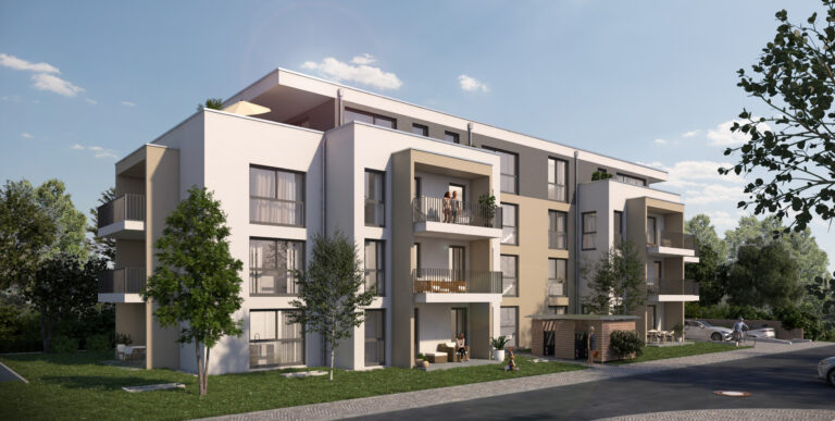 Moderne, mehrstöckige Wohnanlage mit Balkonen und großen Fenstern in Bad Wimpfen, umgeben von Bäumen und Grünflächen – Eigentumswohnungen Neubauprojekt der 4U Deutsche Wohnbau GmbH.